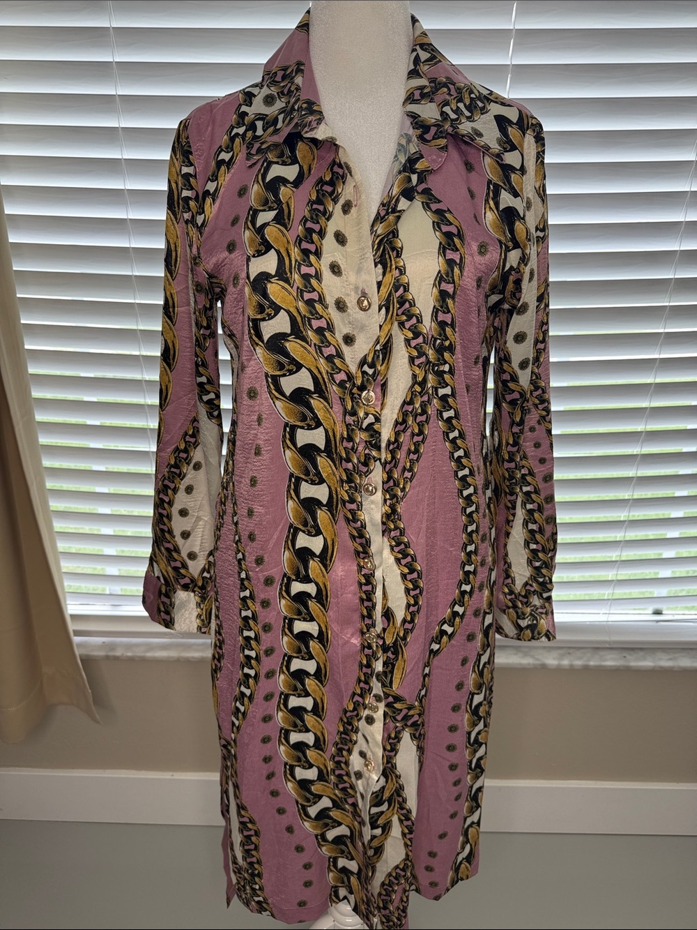 Pink Chain-Print Button Front Dress